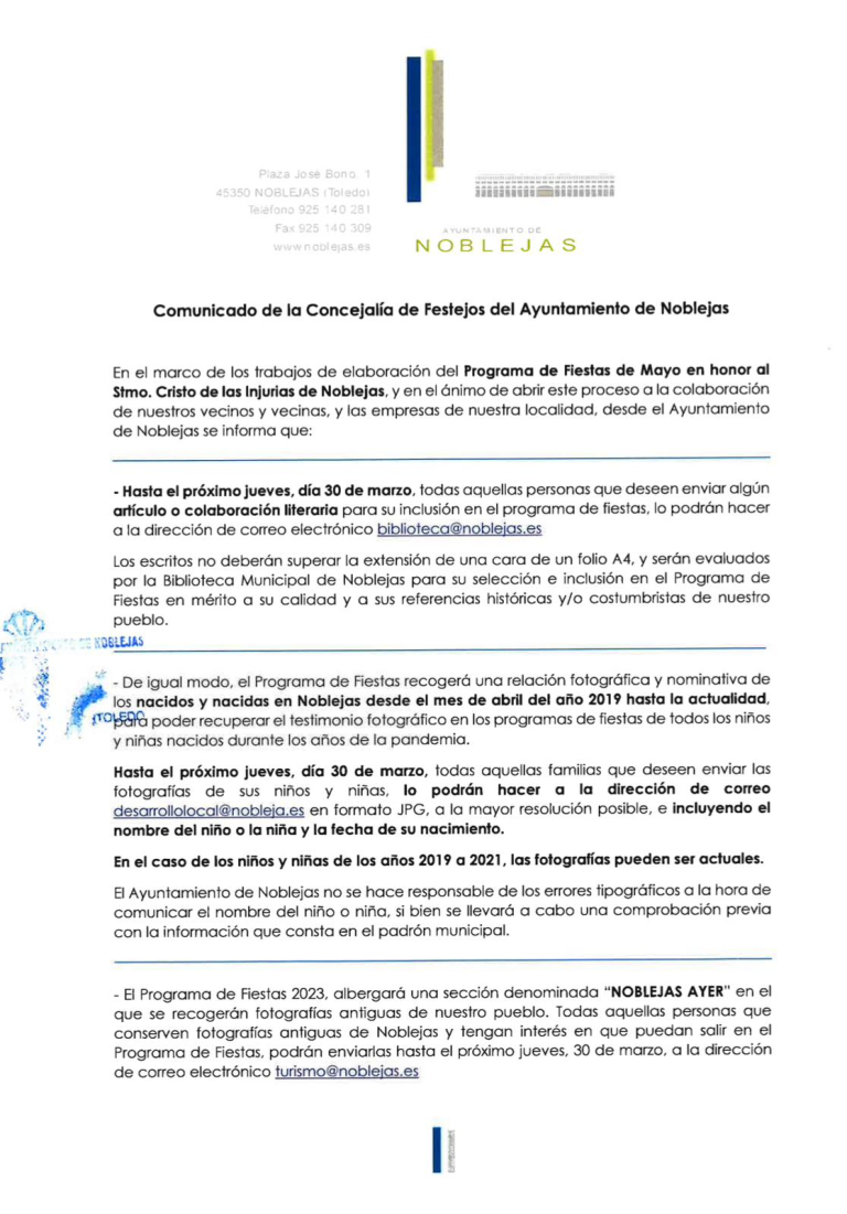 Comunicado de la Concejalía de Festejos del Ayuntamiento de Noblejas