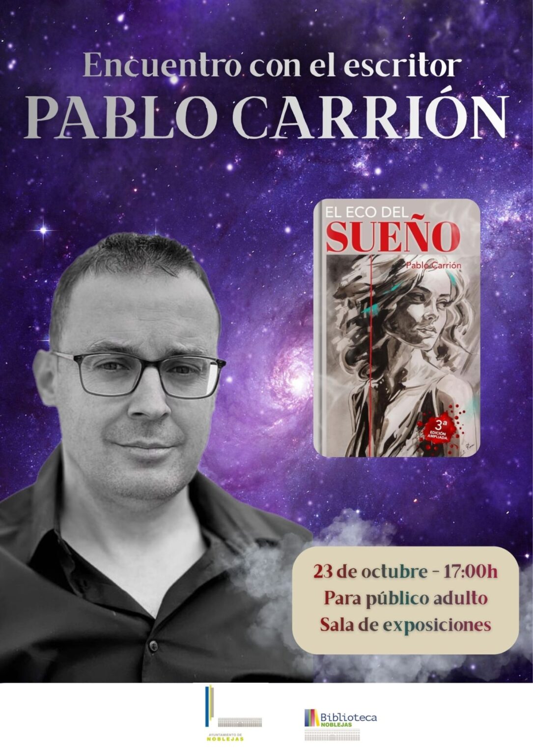 Cartel del encuentro con el escritor Pablo Carrión en Noblejas