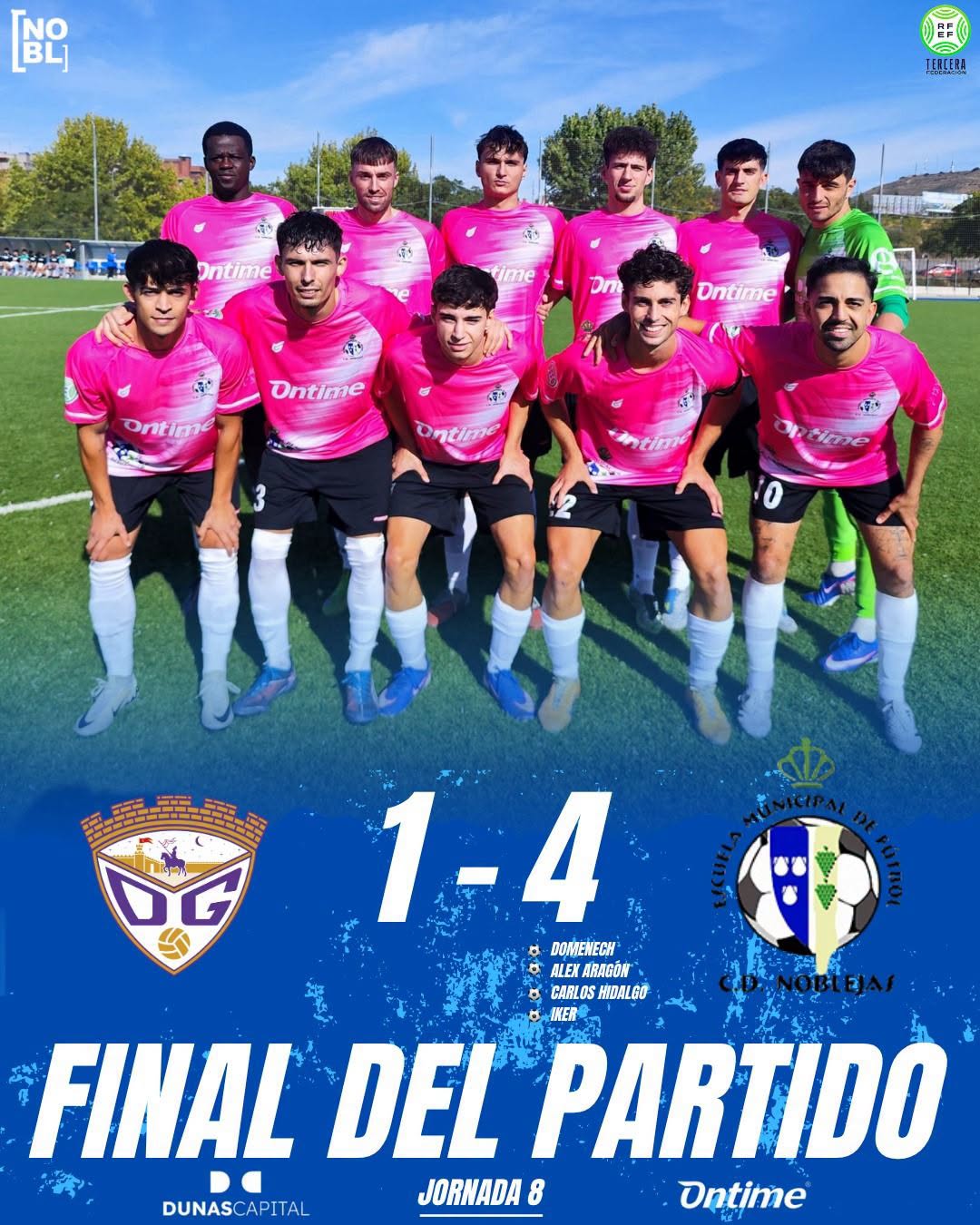 Jugadores del CD Noblejas y resultado final de 1-4 ante el CD Guadalajara B